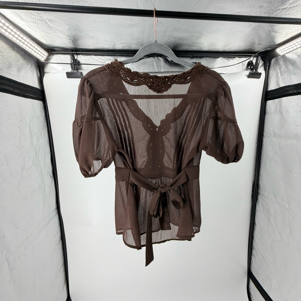 Coquette Cottagecore Brown Sheer Crochet Lace Trim Puff Sleeve Blouse Top PM - Picture 3 of 5